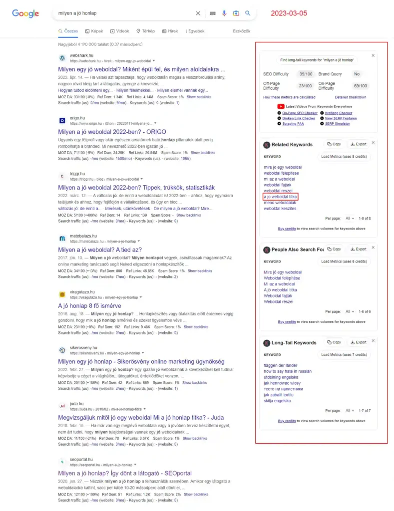 Találati lista a Google keresőben a milyen a jó honlap kulcsszóra.